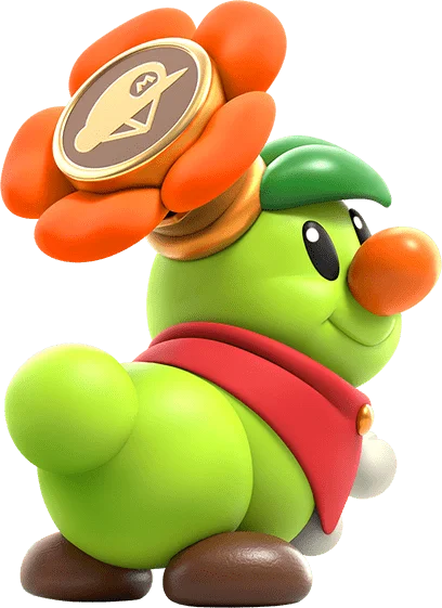Official artwork of Prince Florian from Super Mario Bros. Wonder, a small green caterpillar in a red cape and green cap, his body pointed one way and his head turned to the side to face the viewer.