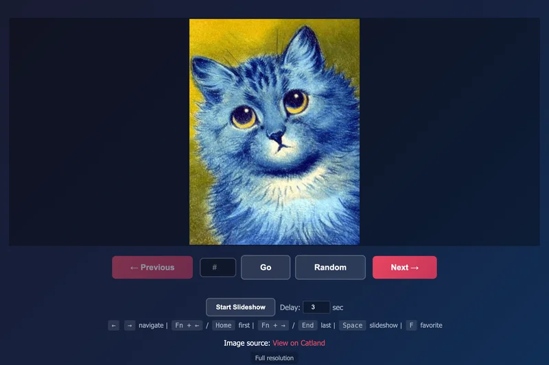 The Catland Viewer showing Louis Wain's blue cat painting, with Previous, Random, and Next buttons and a slideshow control below it.