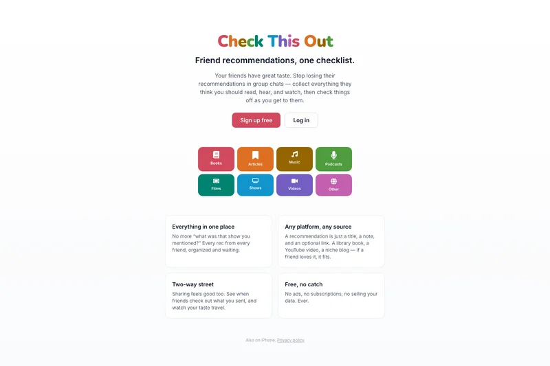 The Check This Out landing page: the colorful wordmark above the tagline "Friend recommendations, one checklist" and a grid of category tiles like Books, Music, Films, and Shows.