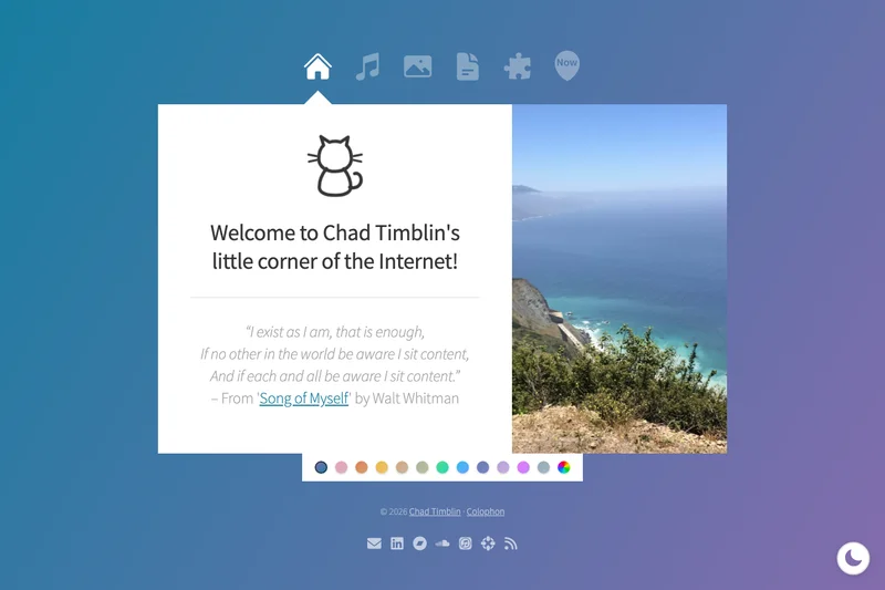 The chadtimbl.in homepage: the row of navigation icons above a white panel with a line-drawn cat, the welcome heading, a Walt Whitman quote, and a coastal photo beside it.