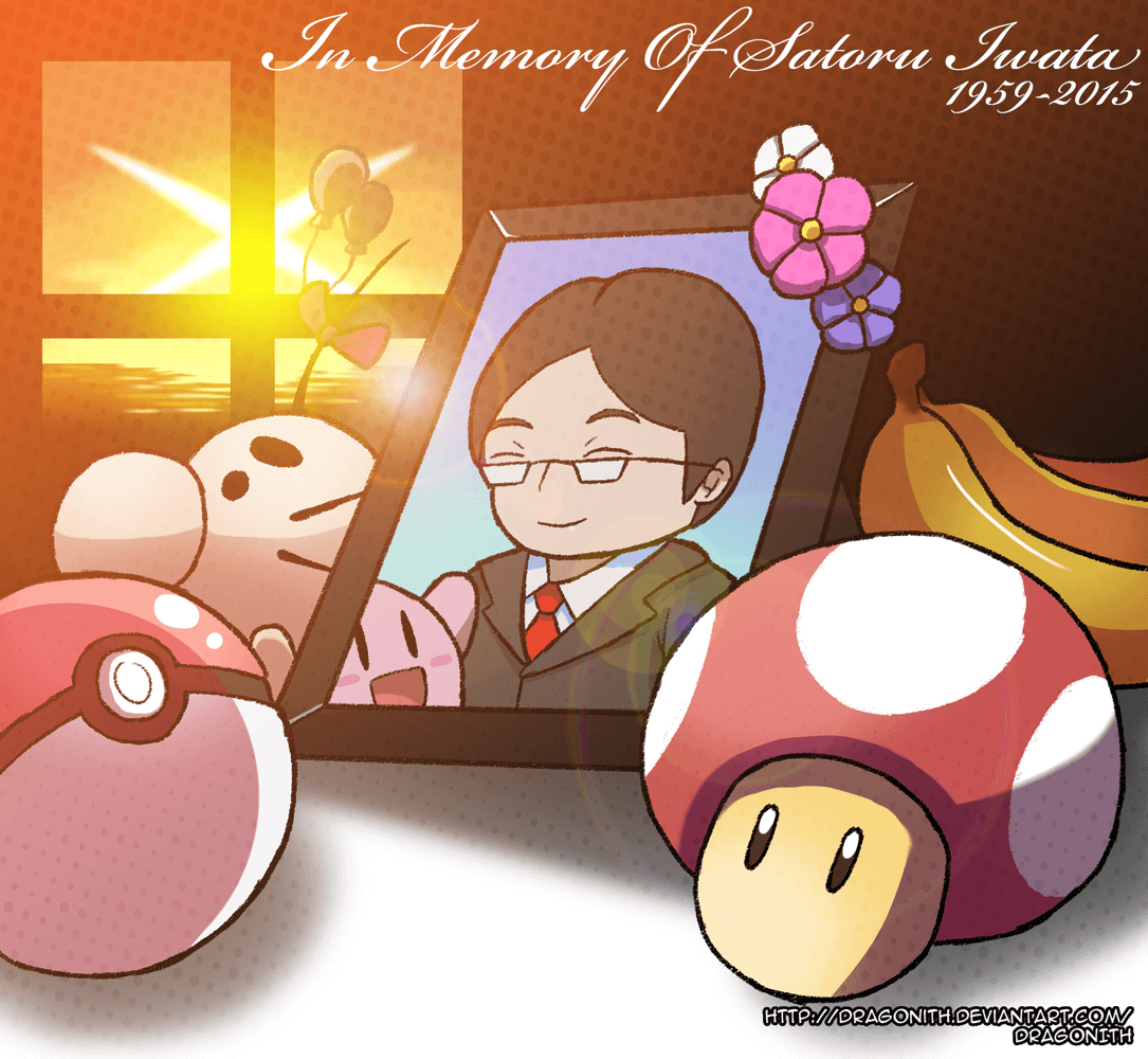 A digital drawing by DeviantArt user “Dragonith” titled “Leave Luck to Heaven (RIP Satoru Iwata)”. The drawing features a framed picture of Satoru Iwata with various Nintendo-related objects sitting around it (i.e. Mr. Saturn, a Poké Ball, a Super Mario Mushroom, and bananas). This text is in the top right of the drawing: “In Memory of Satoru Iwata / 1959-2015”.